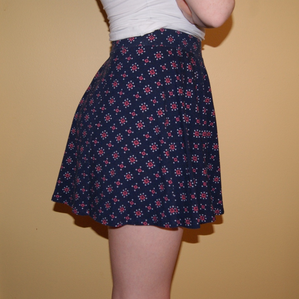 Blue, pink, and white patterned skater skirt.
